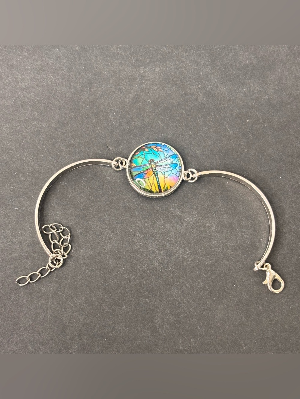 Silvertone Bangle Bracelet Half Cuff Cabochon Stains-glass Style Dragonfly